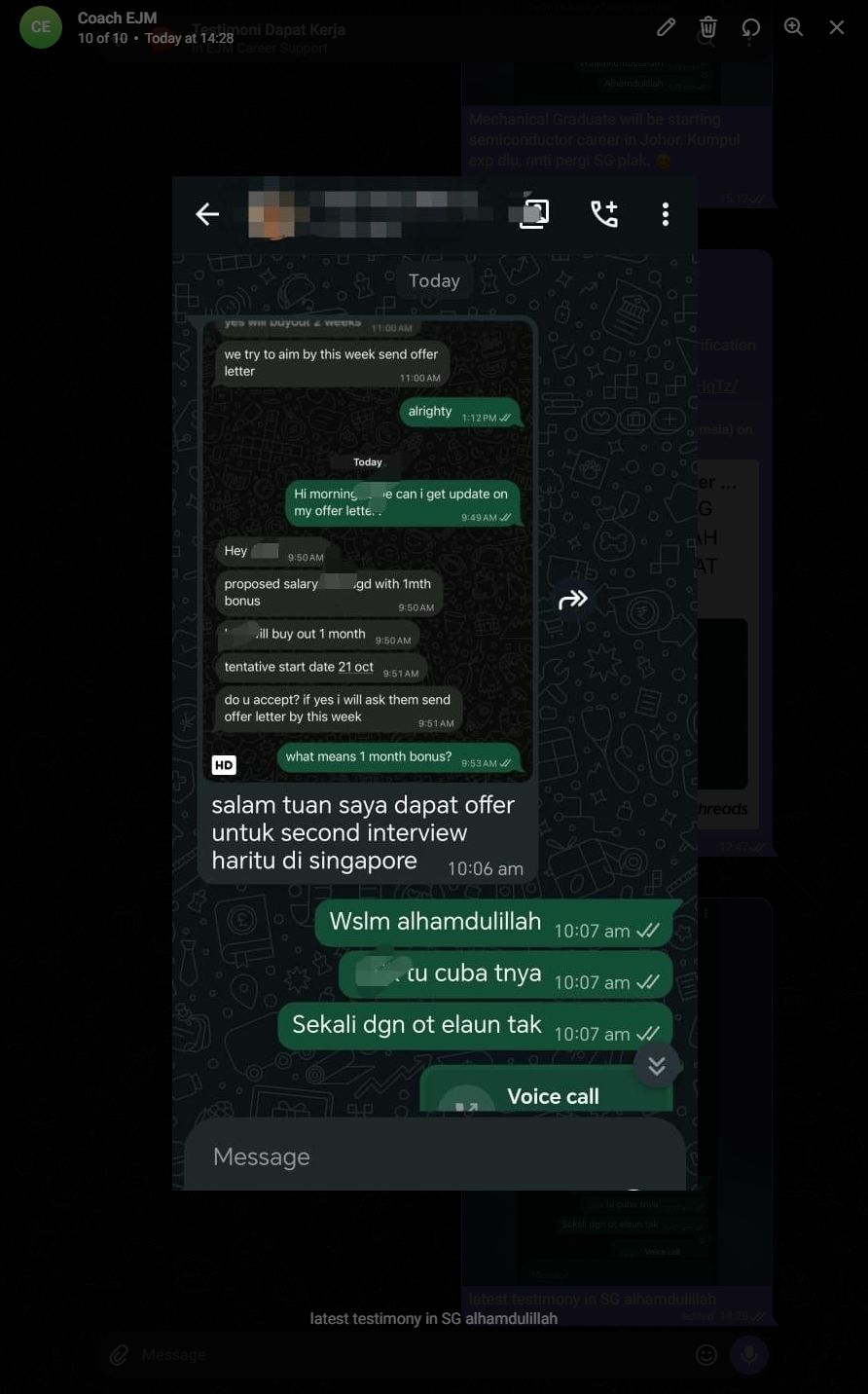 Testimoni student mendapat offer kerja terkini di Singapore